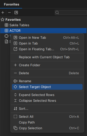 Select Target Object menu in the Favorites tab