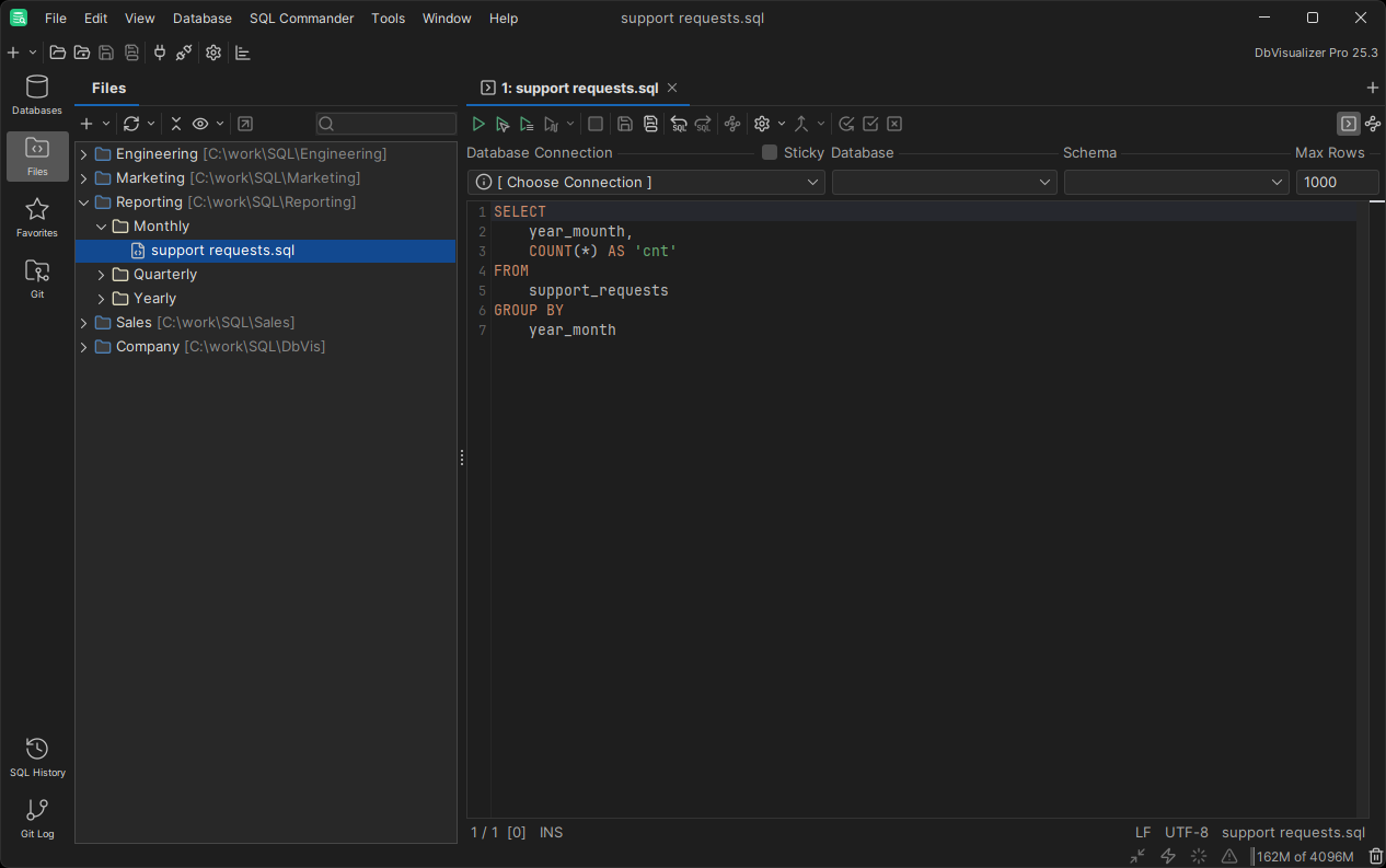 Using the Files tab in DbVisualizer