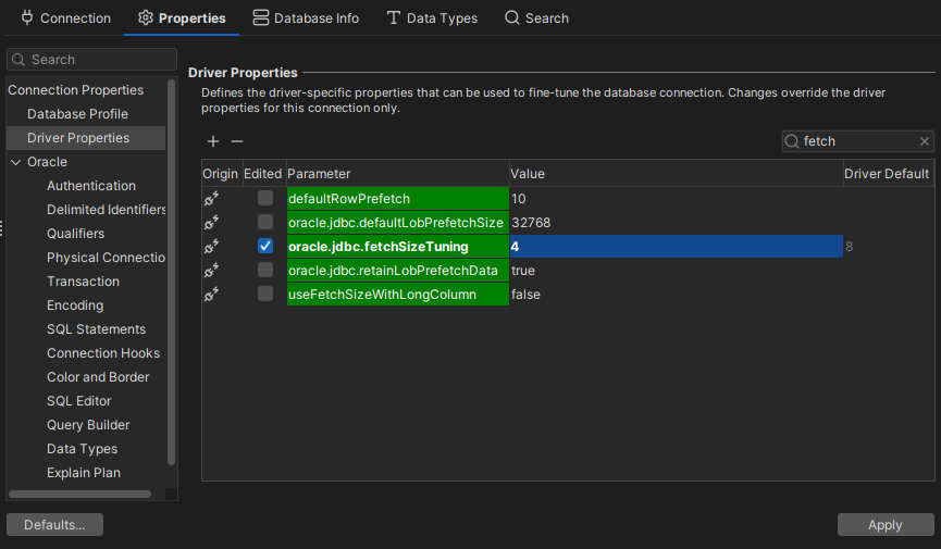 Driver Properties in DbVisualizer interface