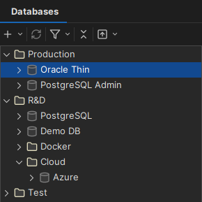Database connections organized in folders