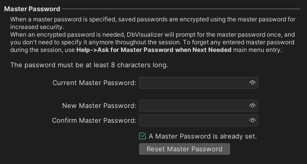 Changing Master Password in DbVisualizer