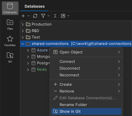 Open a mounted connection folder in the Git tab