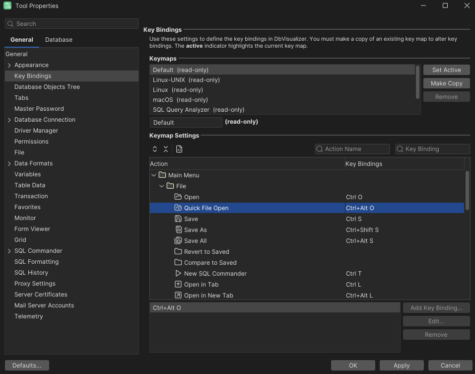 DbVisualizer key bindings list