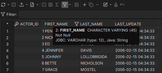 A screenshot demonstrating a grid column header tooltip in DbVisualizer GUI.
