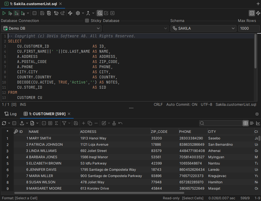 Screenshot of DbVisualizer SQL Commander Tab