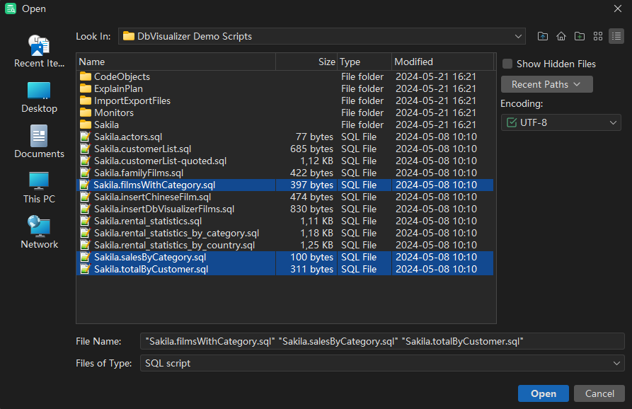 Screenshot of the file chooser window in DbVisualizer