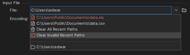 Screenshot of the recent paths dropdown in the file chooser field in DbVisualizer