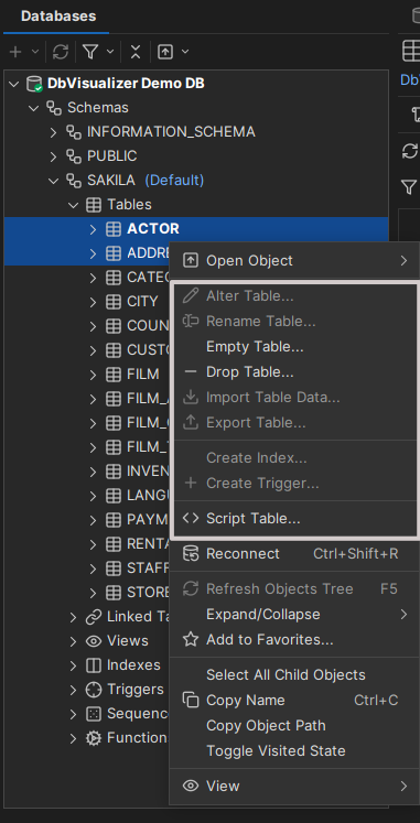 Database actions menu screenshot