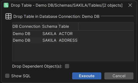 Drop table action window screenshot