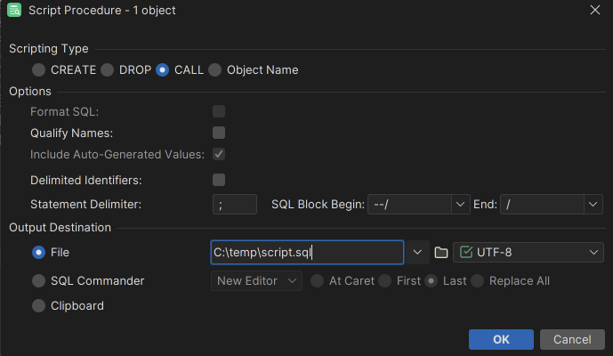 Screenshot of the Script Object dialog for a Procedure