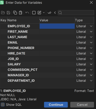 DbVisualizer prompt window for variable input