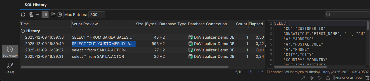 Screenshot of the SQL History interface