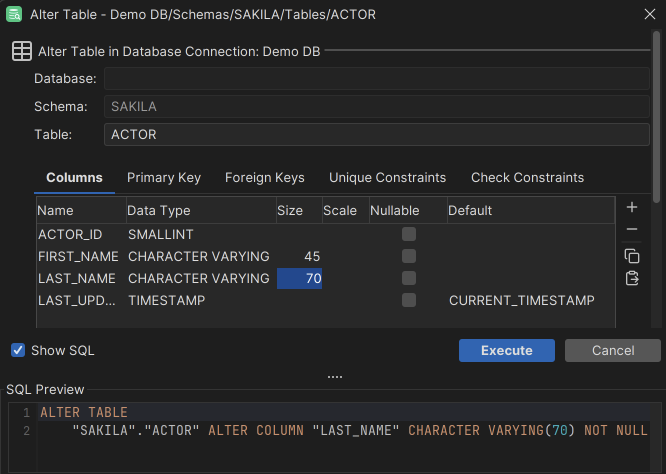 Screenshot of the Alter Table dialog