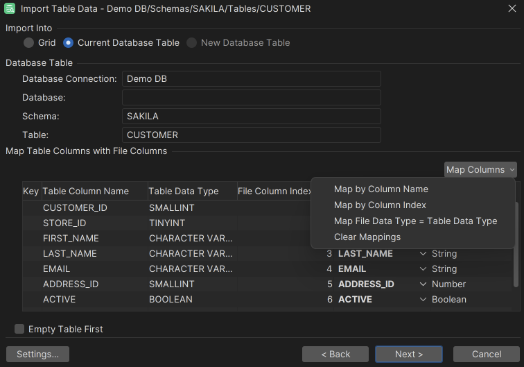 Screenshot of Matching Columns in DbVisualizer