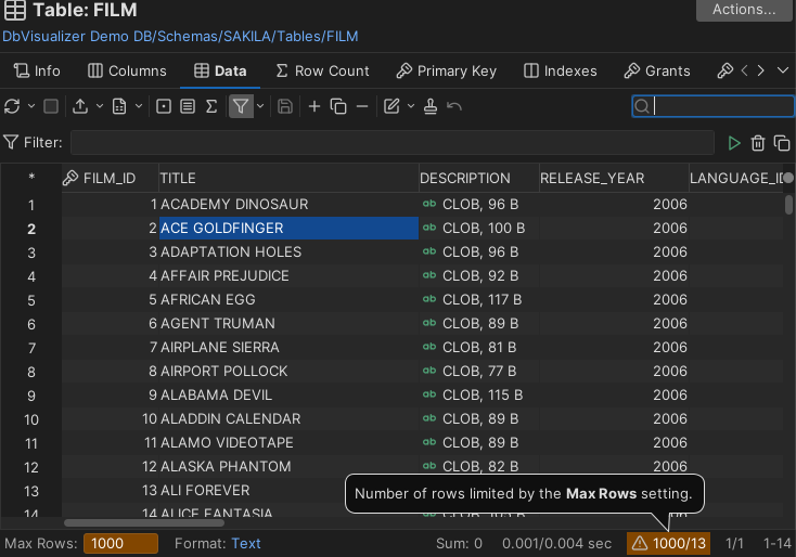 DbVisualizer showing a warning when the number of rows is limited