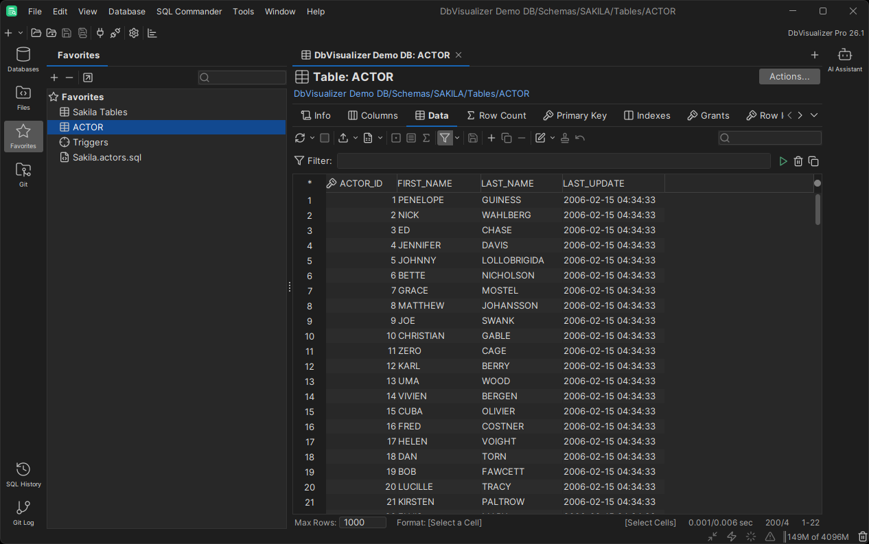 Favorites tab and an open database table