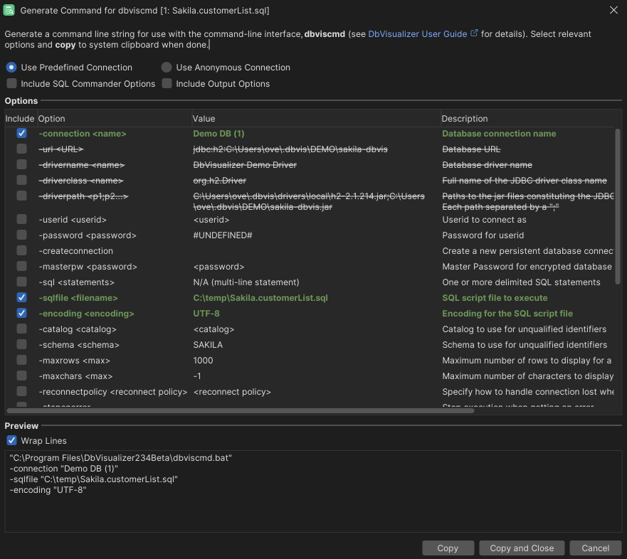 Screenshot of Generate Command dialog box in DbVisualizer