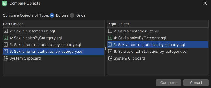 Object comparison in DbVisualizer