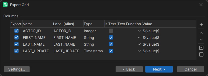 Screenshot of the Data Page in the export wizard