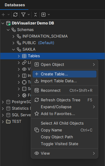 Launching Create Table Dialog