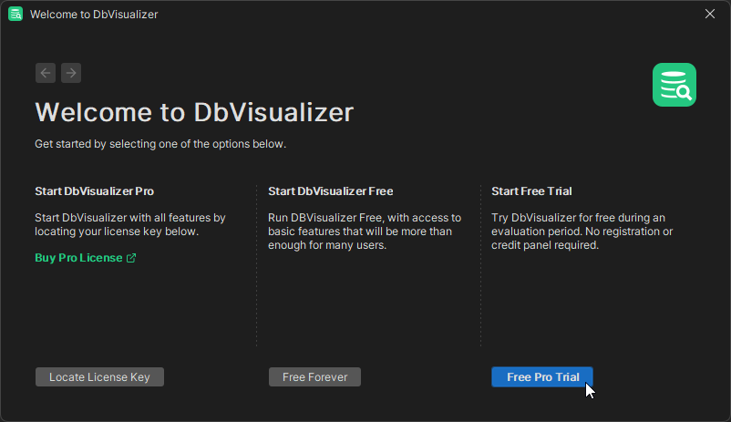 DbVisualizer start-up screen