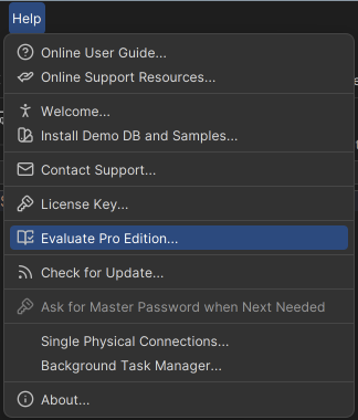 DbVisualizer help Menu