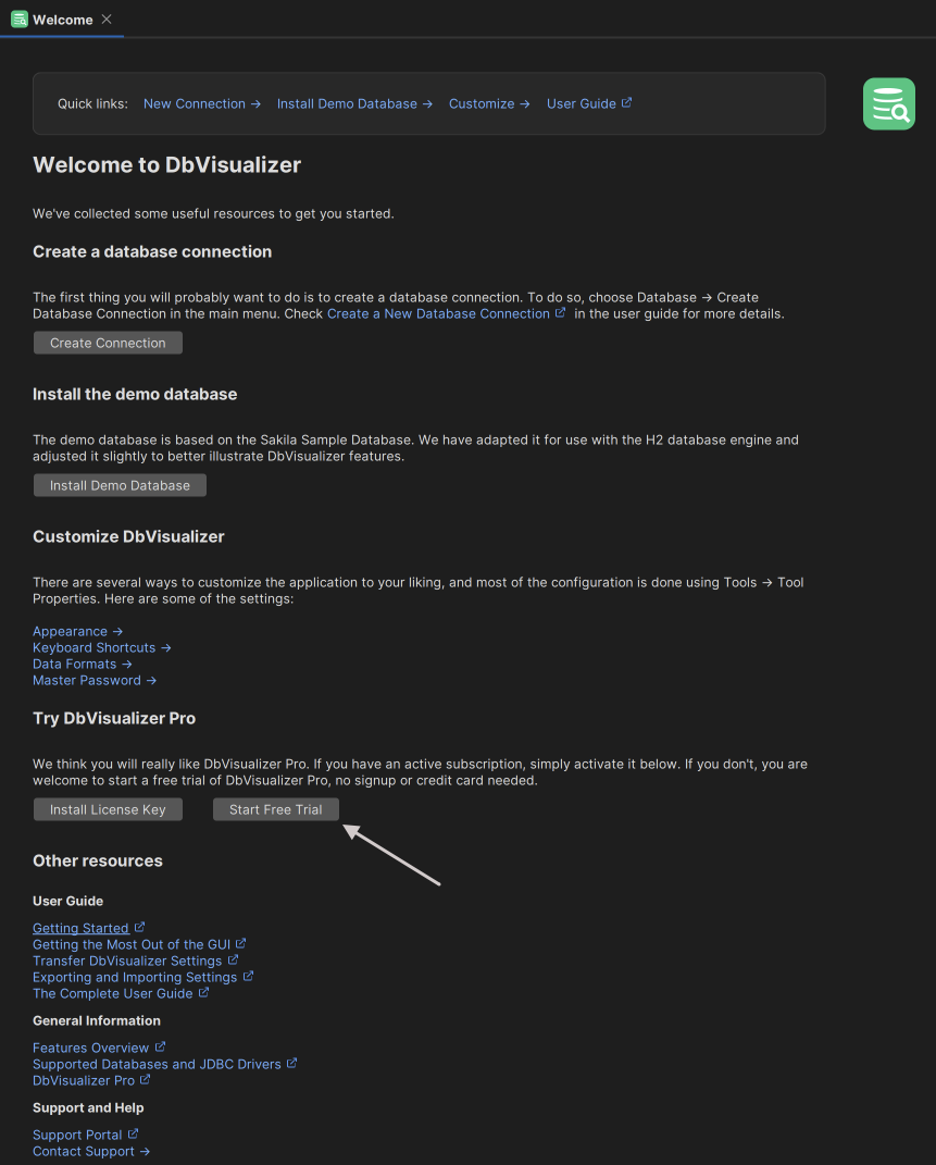 DbVisualizer welcome screen