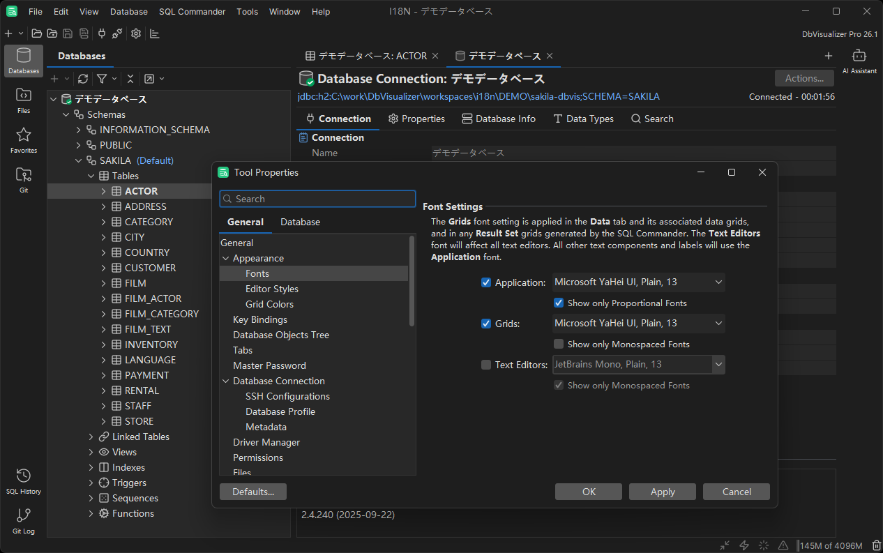 Example of font settings in DbVisualizer programming interface using Chinese