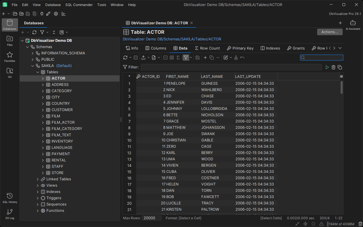 A screenshot of the DbVisualizer GUI main window layout.