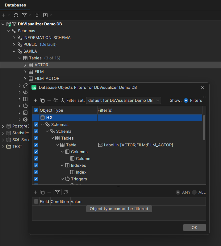 Object types list in DbVisualizer