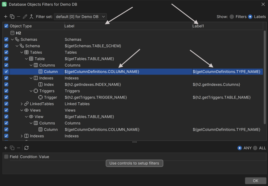 Modifying labels in the Filter Editor
