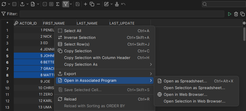 Open grid in an external application in the context menu