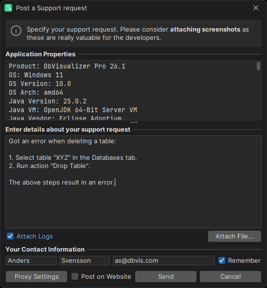 Screenshot of Contact Support in DbVisualizer