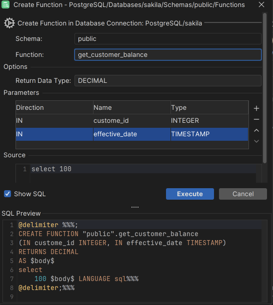 Create Function Dialog in DbVisualizer