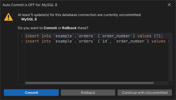 Auto Commit Off Dialog