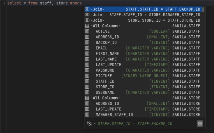 Screenshot showing auto completion for column names in SQL editor