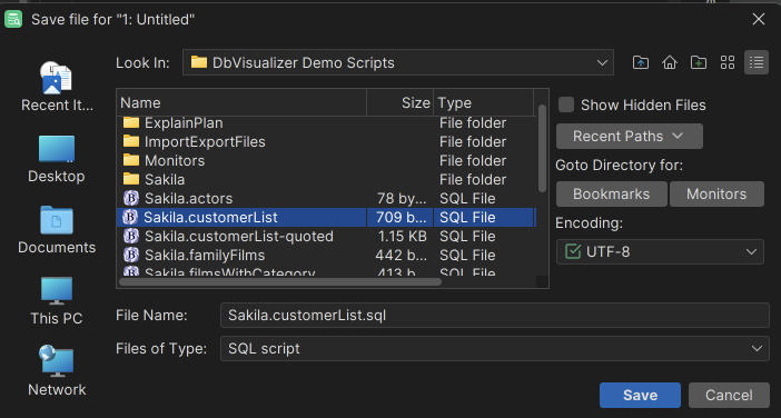 Screenshot of DbVisualizer's Bookmark creation dialog window