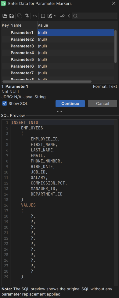 Prompt window showing unnamed parameter markers