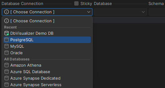 Database selection screenshot in DbVisualizer