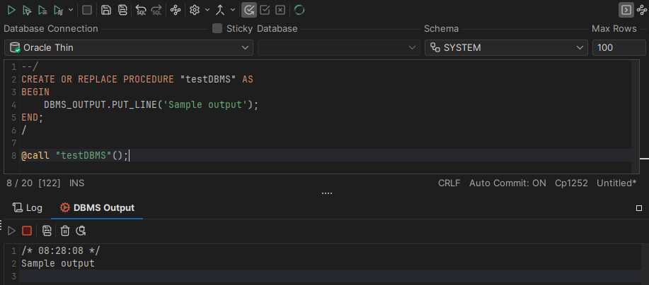 Example of the DBMS Output tab in use