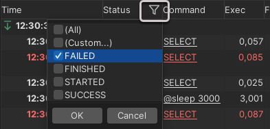 Screenshot of filter and search options in the log grid of DbVisualizer