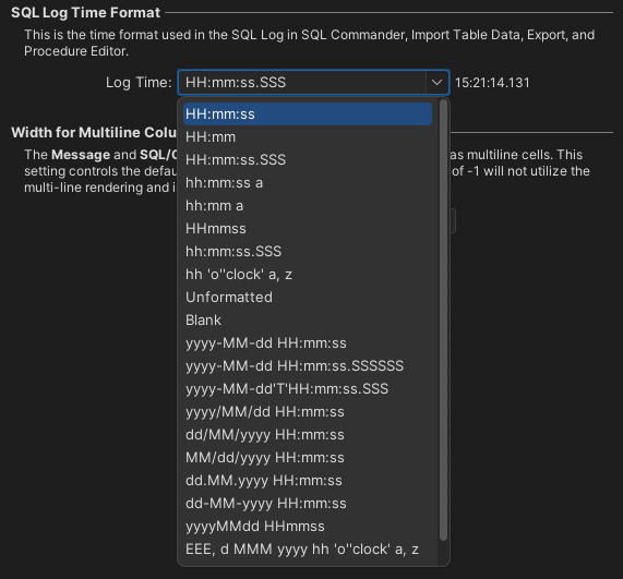 Screenshot of Time column configurations in Tools in DbVisualizer