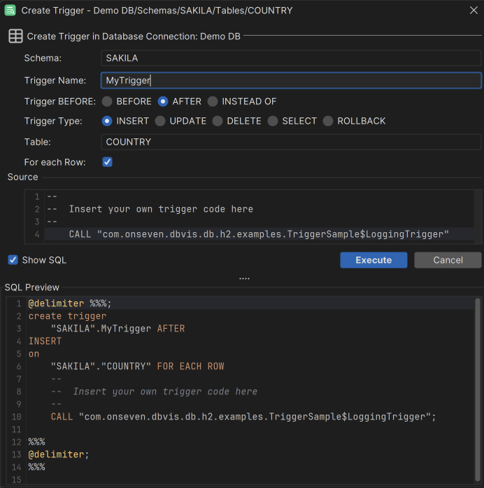Screenshot of the Create Trigger dialog
