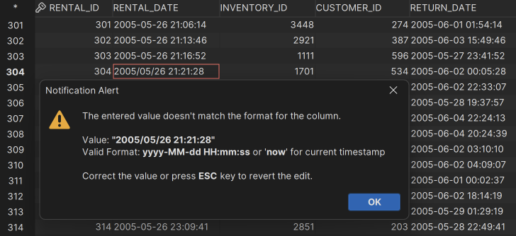 Dialog for data type error