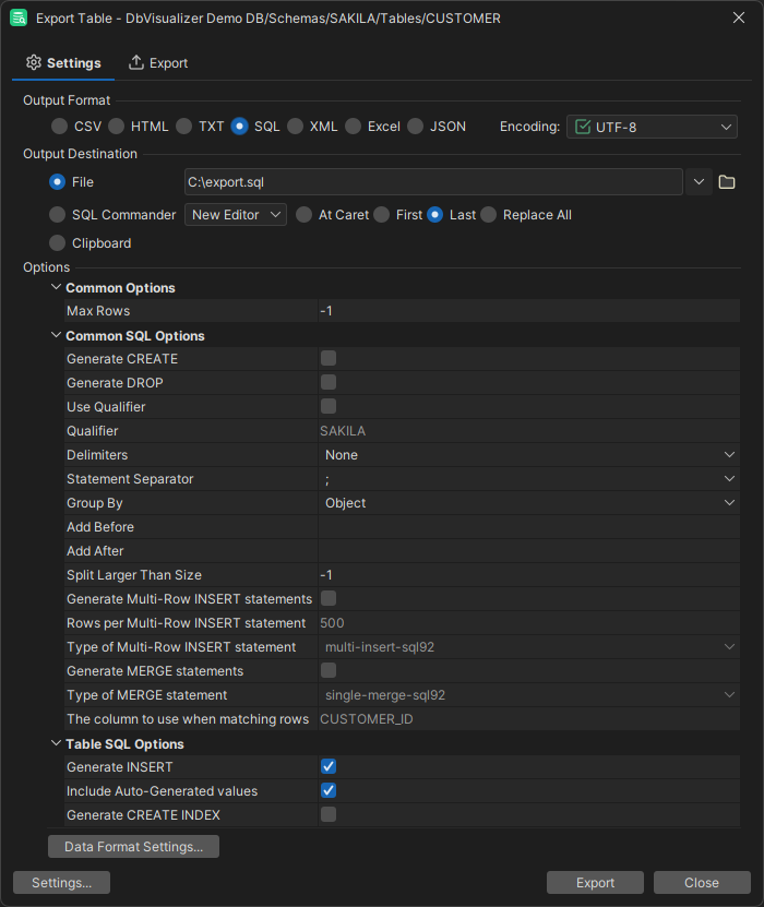 Export Table Window Example