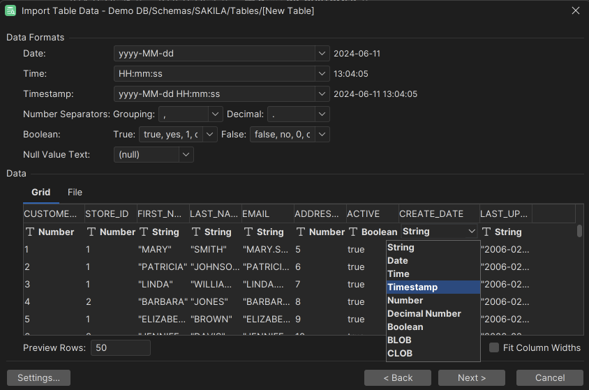 Screenshot of the Data Formats Page in DbVisualizer