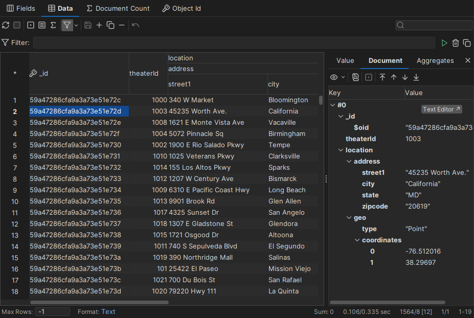 Document viewer presents the whole document as a JSON tree