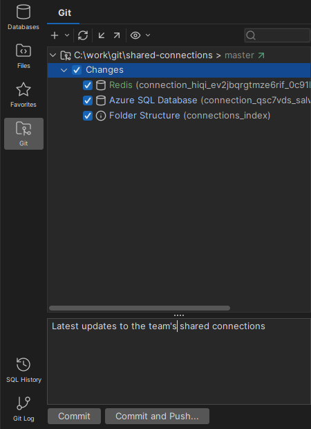 List of changed database connections in the Git tab