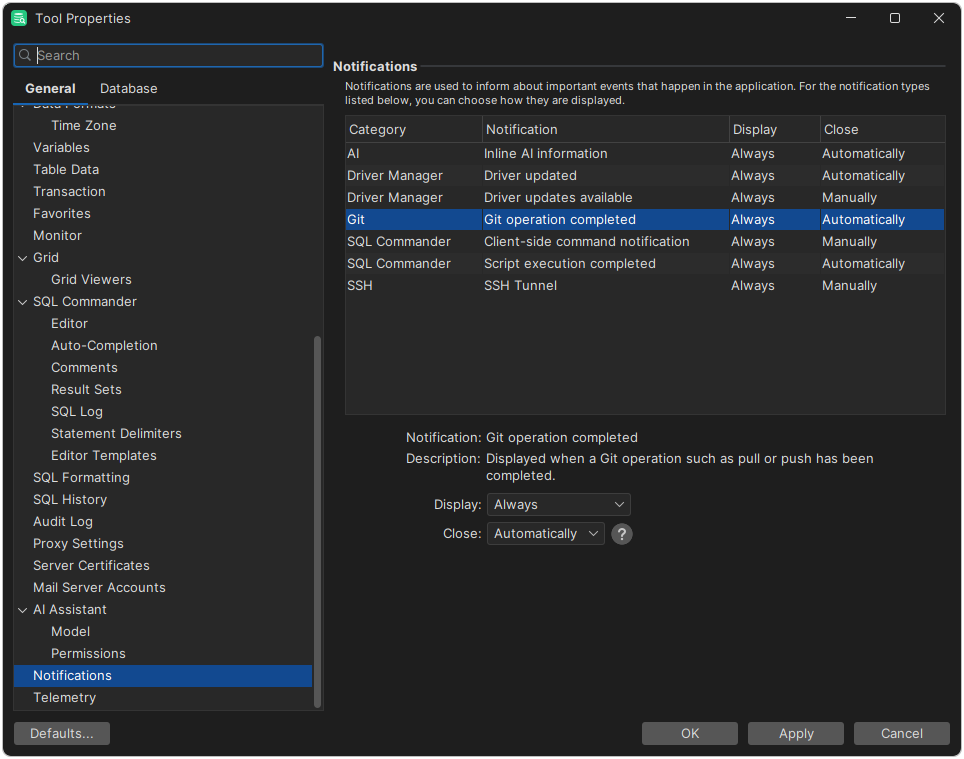 Notification settings in DbVisualizer Tool Properties