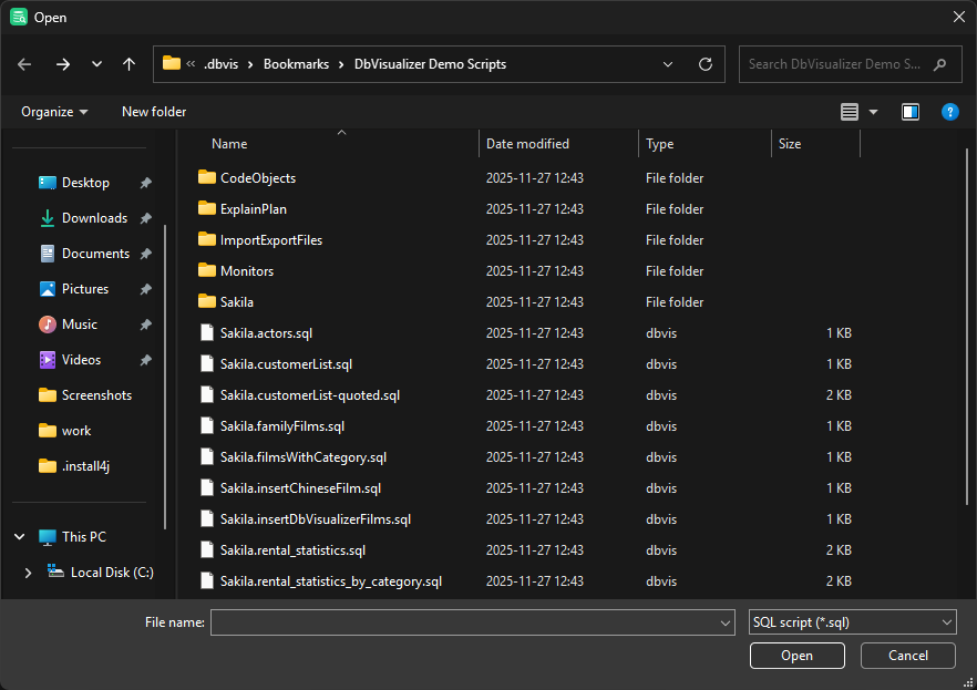 Screenshot of the file chooser window in DbVisualizer